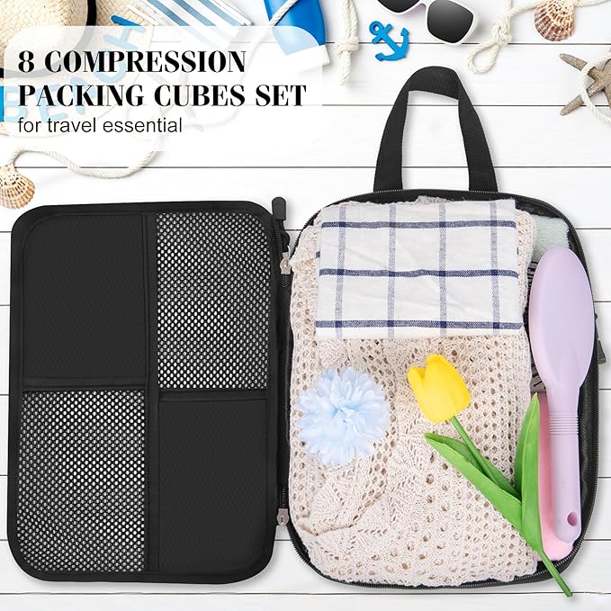 8 Set Compression Packing Cubes Travel, Lightweight Expandable Travel Cubes Suitcase Organizer for Carry On Luggage Suitcase, Black