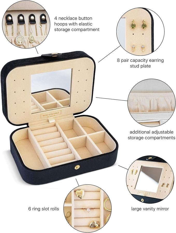 Benevolence LA Plush Velvet Travel Jewelry Storage Box | Earring Organizer with Mirror | Small Case for Women's Accessories | Gift for Mom, Sister, Girlfriend - Ebony