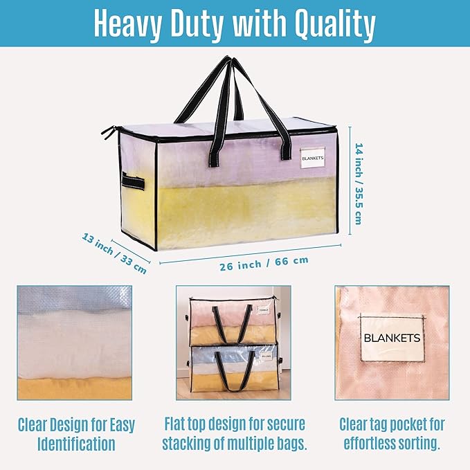 VENO 6 Pack Moving Bags, Comforter and Blanket Storage Bags for Closet, Moving Boxes, Boxes with Lids Alternative, College Dorm Packing Supplies, Foldable Heavy-Duty Tote with Window (Clear, 6 Pack)