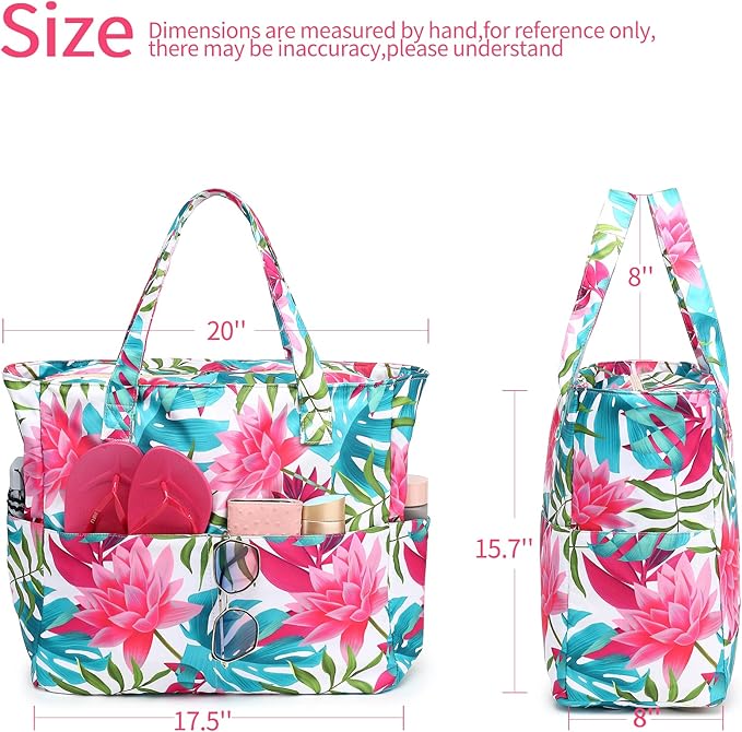 LEDAOU Large Beach Tote Bag Women Waterproof Sandproof Zipper Beach Tote Bag for Pool Gym Grocery Travel with Wet Pocket