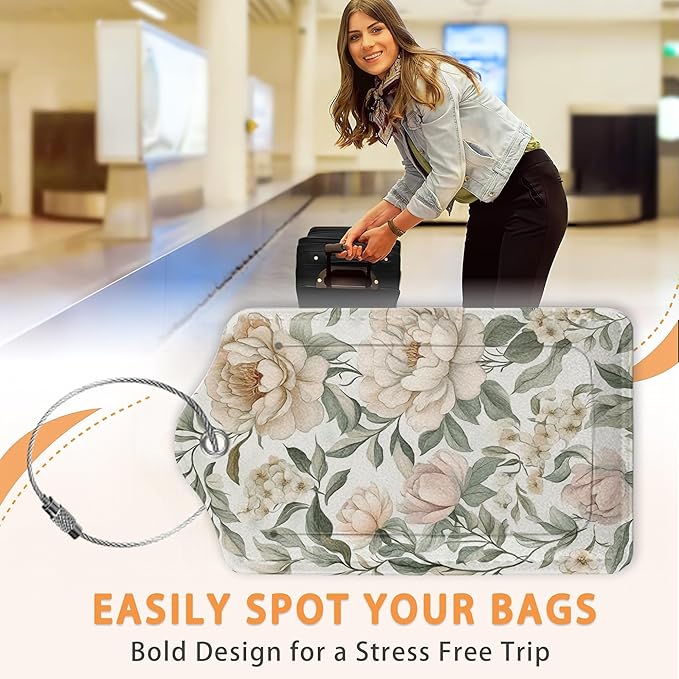 Vintage Peony Floral PU Leather Luggage Tags for Suitcase, Travel Cruise 3 Pack with Privacy Flap, Name ID Label and Metal Loop for Women Men Girls Baggage Bag Backpack