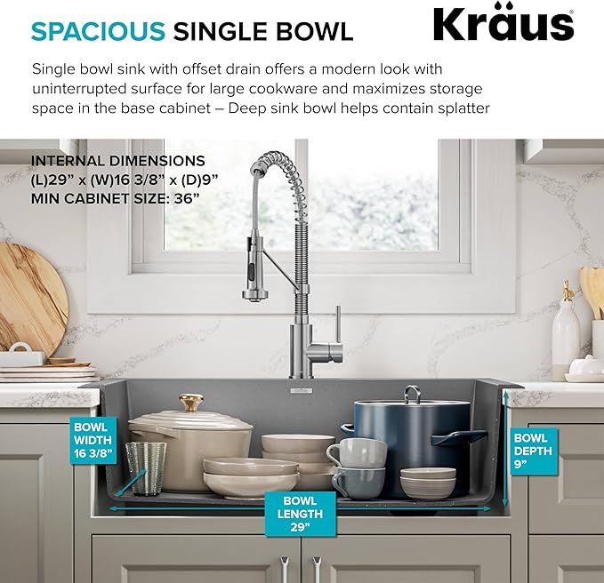 KRAUS Forteza 33-inch Drop In/Undermount Single Bowl Granite Kitchen Sink in Grey, KGD-54GREY
