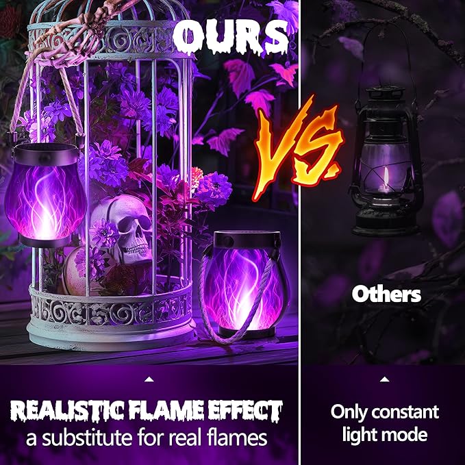 Halloween Solar Flame Lantern Hanging Outdoor Waterproof Purple - 2 Pack Flame Lanterns with Dual Charging Modes of Solar & USB for Garden or Yard Halloween Decorations (Purple - 2 Pack)