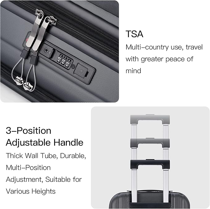 BISON DENIM 20 Inch Carry On Luggage, PC Lightweight Hardside Expandable Carry-On Luggage Airline Approved With Spinner Wheels, Front Compartment, Cup Holde, TSA-approved Lock, USB Port, Dark Grey