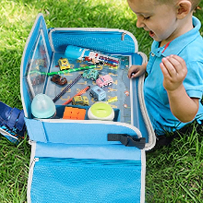 MENZOKE Kids Travel Tray, Car Seat Tray for Kids Travel, Toddler Essentials Girls with Tablet Holder, Road Trip Essentials with Cooler Cup Holder, Dry Erase Board & Storage Pocket for Airplane, Blue