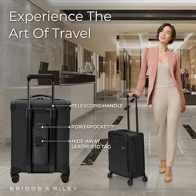 Briggs & Riley Global 21" Carry On Expandable Spinner - Luggage for International Travel, Suitcases with Wheels, Softside Rolling Bag for Men & Women, Self-Repairing Zipper- Baseline Collection, Black