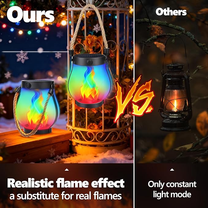 Halloween Solar Flame Lantern Hanging Outdoor Waterproof Purple - 2 Pack Flame Lanterns with Dual Charging Modes of Solar & USB for Garden or Yard Halloween Decorations (Multicolor - 1 Pack)