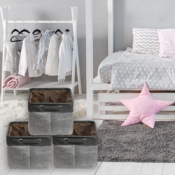 Simple Houseware 14.4" x 10" Fabric Storage Bin with Handles, 3-Pack, Foldable Organizer for Closet and Shelf, Dark Gray