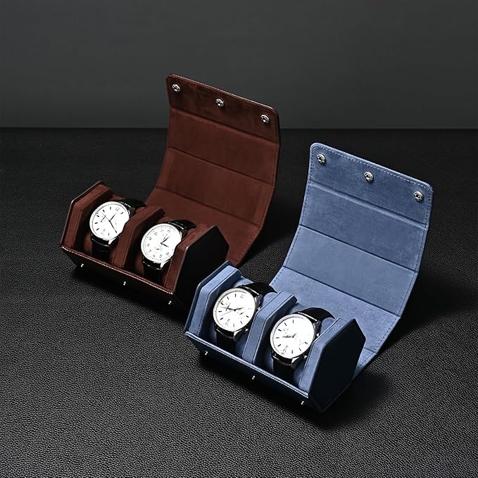 Oirlv Luxury Hexagonal Leather Watch Travel Case Watch Organizer Case for Men Portable Jewelry Storage Roll Organizer(2-Slot,Brown)
