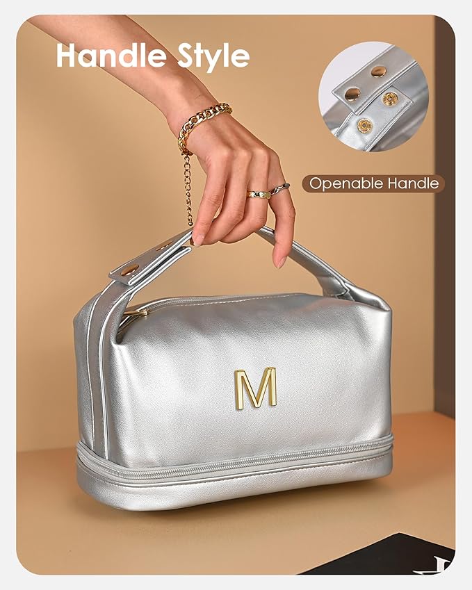 Teenage Girls Gifts Ideas, Personalized Makeup Bag with Handle, Initial Double Layer Cosmetic Bag with Makeup Brush Organizer, Cute Cosmetic Pouch for Women, Gifts for Friends Female Mom