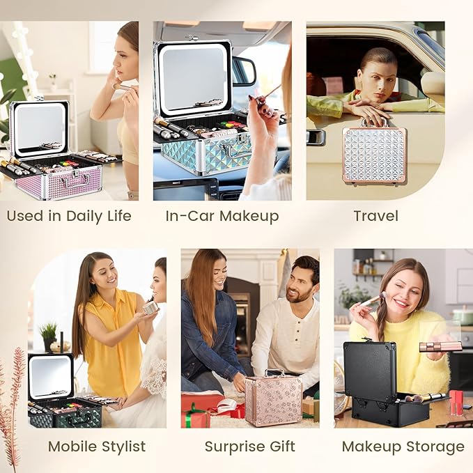 Makeup Case with Magnetic Lighted Mirror Makeup Organizer Box Travel Cosmetic Case with 3 Colors LED Mirror Portable Vanity Make up Suitcase with Lockable Keys Dividers Brush Holder, Black