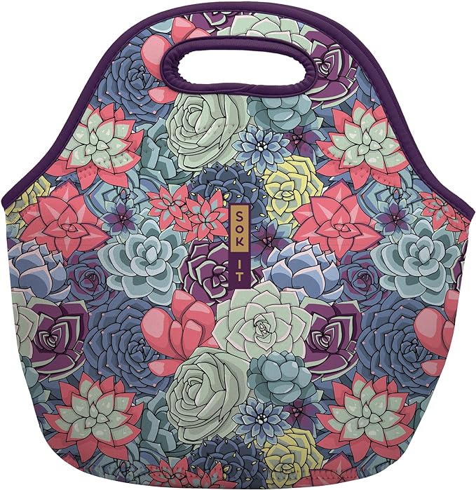 Sok It LunchTote Zippered Bag Insulated Neoprene Caddy (Succulents, Large 4.5 Quart Lunch Tote)