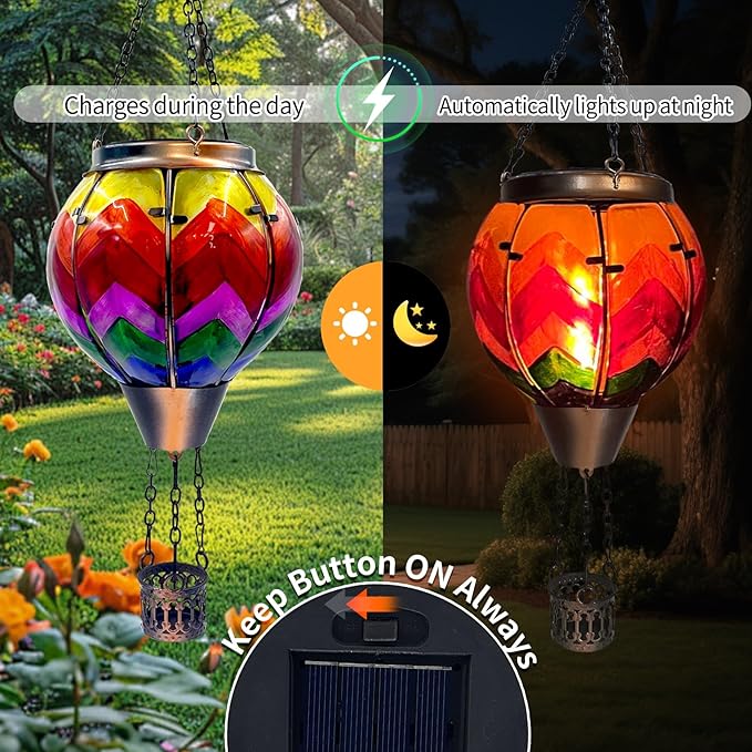 Hot Air Balloon Solar Lantern with Flickering Flame Light Glass Hanging Solar Lanterns Outdoor Waterproof for Garden Tree Yard Patio Party Decor, Color-Wave