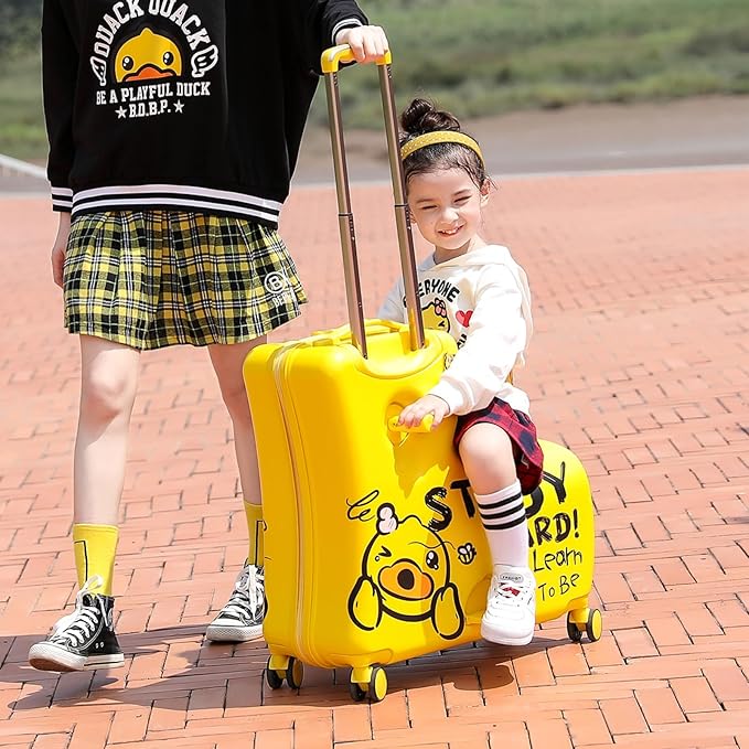Kids' Lightweight Ride on Luggage with Spinner Wheels & Foldabe Design (Yellow Study, 20"+ Aged 1-3 Toddler),Children Holiday Birthday Gift