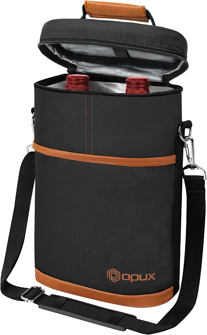 opux 2 Bottle Wine Carrier Tote, Insulated Leakproof Wine Cooler Bag, Wine Travel Bag Tote for Picnic BYOB Beach, Portable Wine Bottle Carrying Case, Gift for Wine Lover Women Men Christmas, Brown