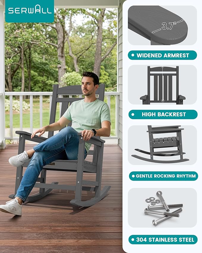SERWALL Outdoor Rocking Chair, HDPE Patio Rocking Chair All-Weather Porch Rocker for Balcony, Yard, Gray