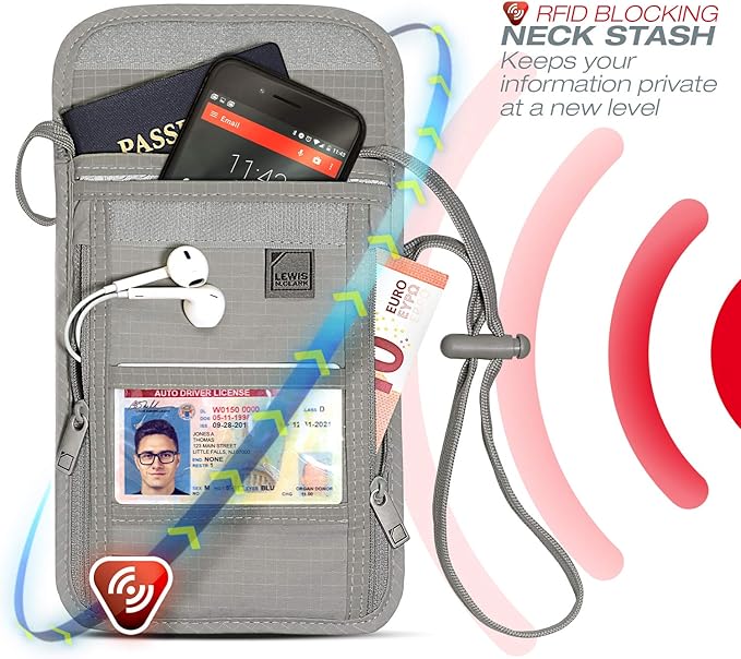 Lewis N. Clark RFID Blocking Stash Neck Wallet, Travel Pouch + Passport Holder for Women & Men, Gray, One Size