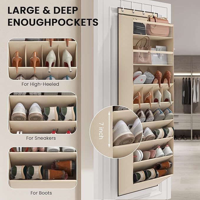 Over the Door Shoe Organizer for Closet, Shoes Rack with 8 Tier Large Deep Pockets, Hanging Shoe Organizers for Boot Storage, Behind the Door Narrow Shoe Holder for Small Shoes, Beige