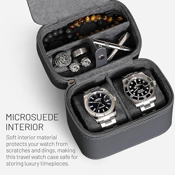 ROTHWELL 2 Watch Travel Case Storage Organizer for 2 Watches | Watch Case for Men and Women | Tough Portable Protection w/Zipper Fits All Wristwatches & Smart Watches Up to 50mm (Carbon)