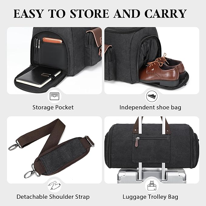 Canvas Garment Bags for Travel, Convertible Carry On Garment Duffel Bag for Men Women, 2 in 1 Suit Bag Hanging Suitcase Business Travel Bag with Shoe Compartment (Black, XL)