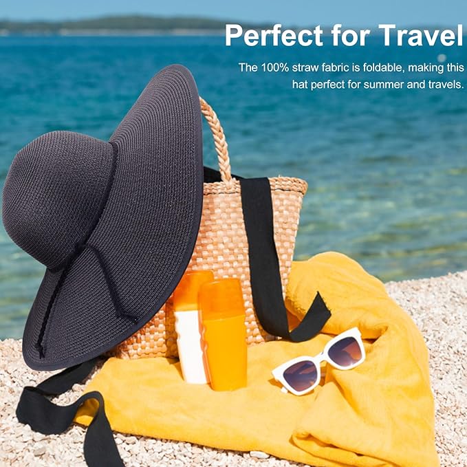 DRESHOW Beach Hats for Women Big Straw Wide Brim Summer Hat Floppy Foldable Roll up Cap Sun Hat UPF 50+