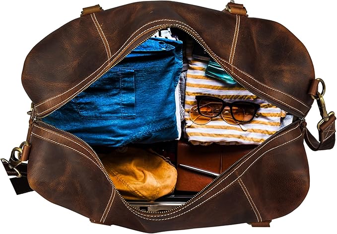KomalC Leather Duffel Bags for Men and Women Full Grain Leather Travel Overnight Weekend Leather Bags Sports Gym Duffel for Men (Dark Tan, 20 Inch)