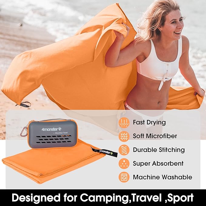4Monster Camping Towels Super Absorbent, Fast Drying Microfiber Travel Towel, Quick Dry Ultra Soft Compact Gym Towel for Swimming Beach Hiking Yoga Travel Sports Backpack (59.00" x 30.00", Orange)
