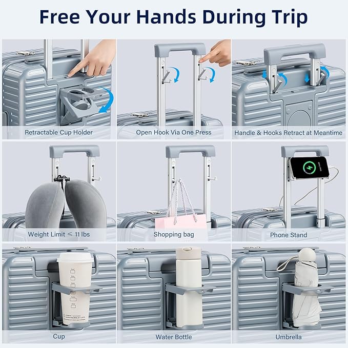 Hard Shell Suitcases Expandable Travel Luggage Sets 3 Piece, Carry on and Check in 3 Piece Luggage Suitcase Sets with Spinner Wheels Cup Holder Charger Built in (Silver, 20/24/28)