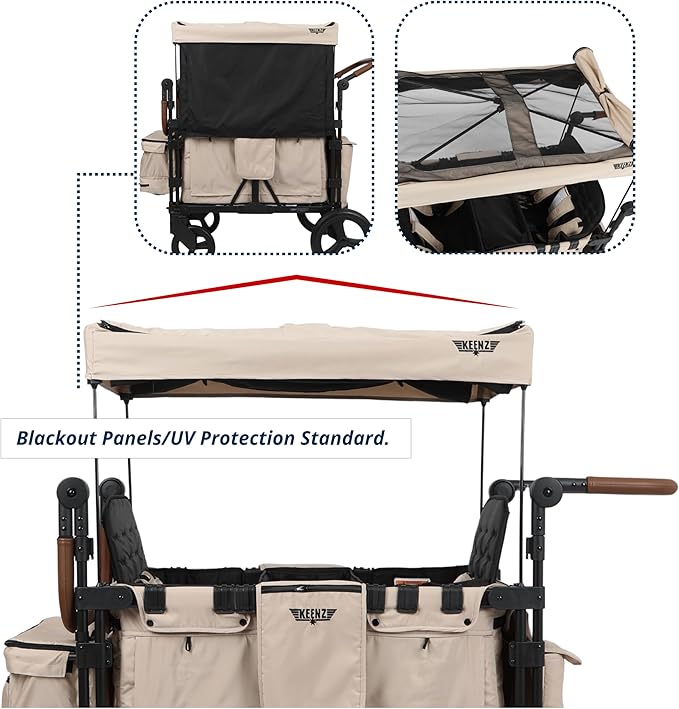 Keenz VYOO Stroller Wagon with Canopy - Foldable Design for Easy Storage, 5 Seating Positions for Kids, Enhanced Child Safety, All-Terrain Mobility, 4-Passangers, Mocha