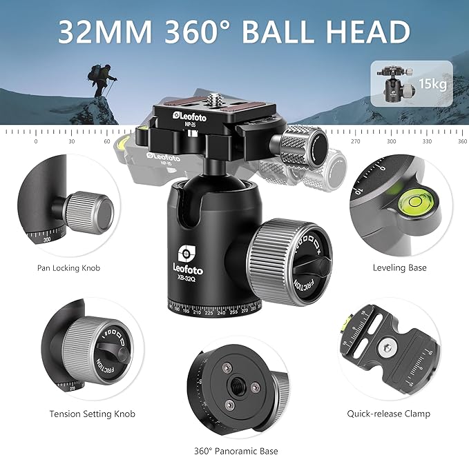 Carbon Fiber Lightweight Travel Tripod with 360° Ball Head, Removable Center Column, Folded Height 37cm, Weight 1.12kg, Maximum Load 8KG（LX-224CT+XB-32Q）