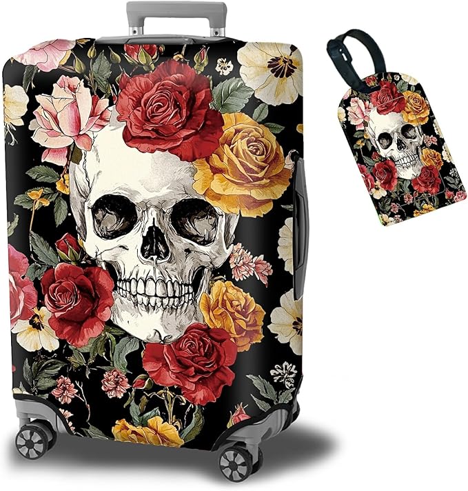 Luggage Cover Plus - Sugar Rose Skull Travel Suitcase Cover for 22-24 inch Luggage (M) with Concealed Zipper, Washable Elastic Cloth, Dustproof, Anti-Scratch