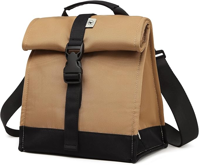 SUNNY BIRD Insulated Lunch Bag Rolltop Lunch Box Tote Bag for Women, Men, Adults and Teens (Brown)