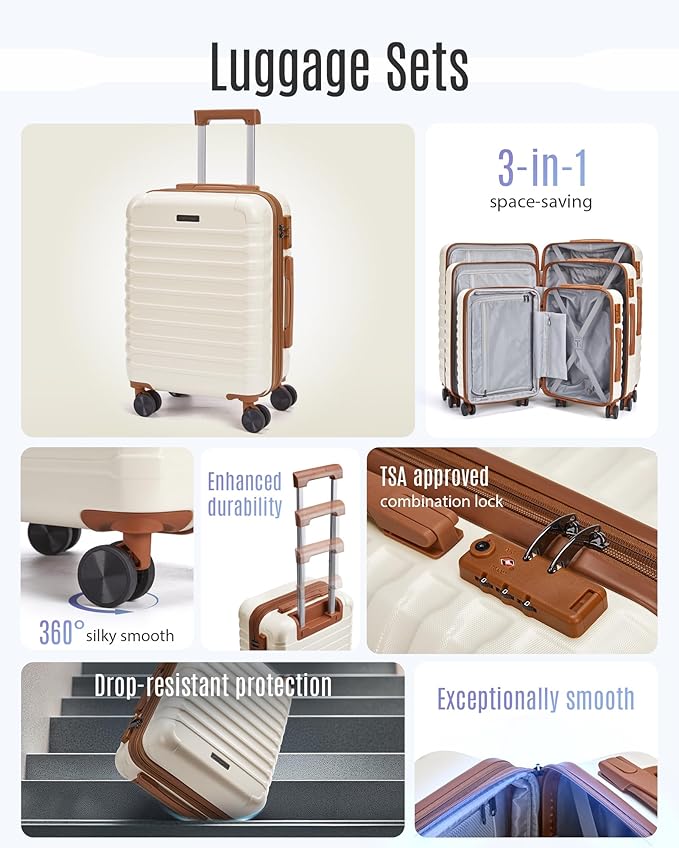 LIGHT FLIGHT Luggage Sets, 3 Piece Durable Suitcase Set with Spinner Wheels, 3 Pcs Hardside Lightweight luggage with TSA Lock, Large Checked Travel Suitcases, 20/24/28 Inch,White