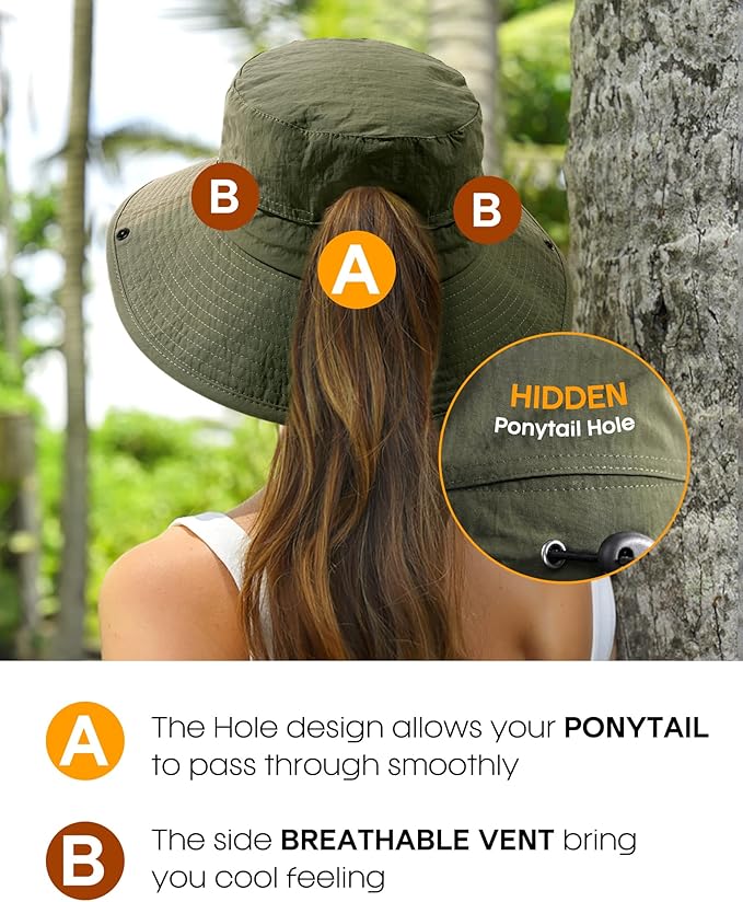 FURTALK Sun Hats for Women with Ponytail Hole Wide Brim Beach Bucket Hat UPF 50+ Fishing Hiking Outdoor Hats