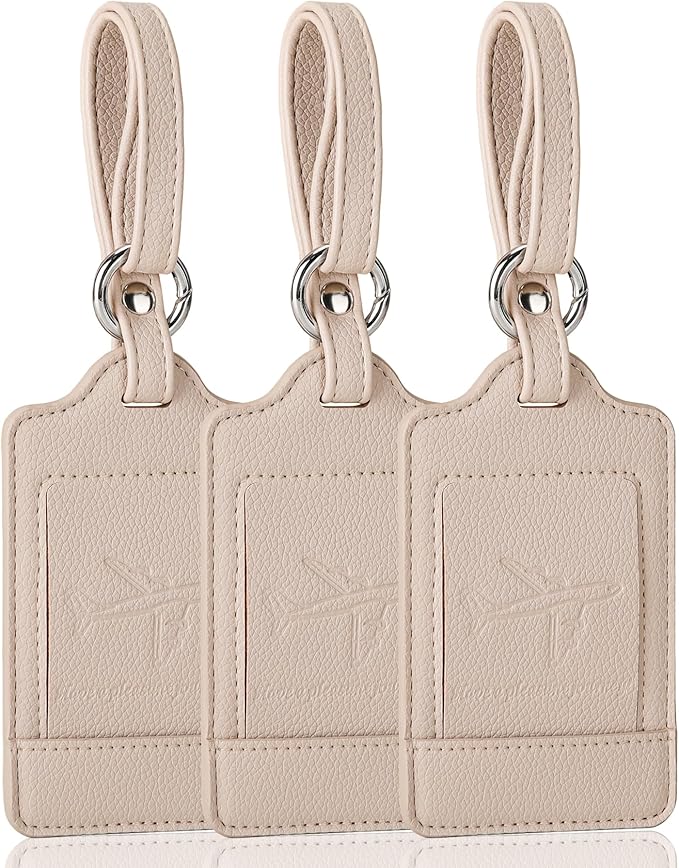 Teskyer Luggage Tags, 3 Pack Premium PU Leather Luggage Tags for Suitcases, Privacy Protection Travel Bag Tags, Lichee Beige