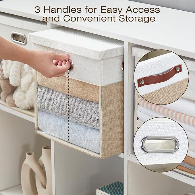 Fabric Storage Cubes with Clear Windows and Lids, 13'' Foldable Storage Bins with 3 Handles, Decorative Storage Boxes for Home, Bedroom, Closet, Office (Beige & White)