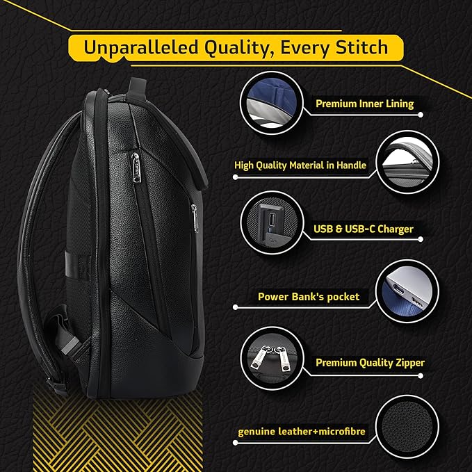 Durable Leather Laptop Business Backpack Perfect for Men & Women, Work Backpack Fits 15.6 Inch, Premium Quality Travel Bag with USB Charging Port, Water-Resistant, Bookbag with Multiple Pockets