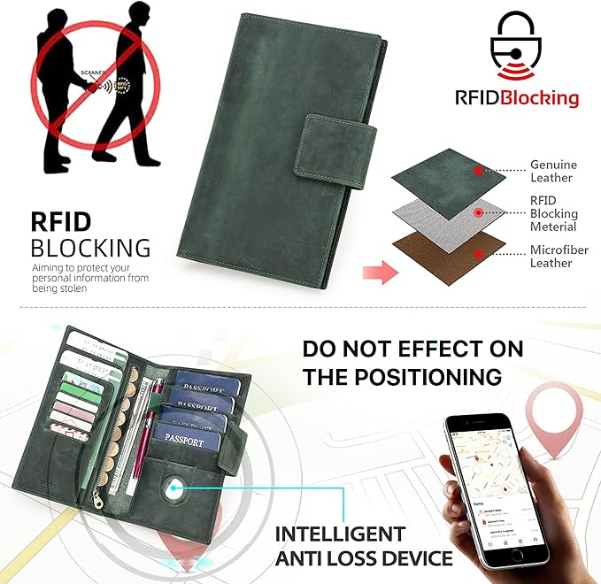 Top Grain Leather Travel Passport Wallet Holder for Man & Woman, Snap Button Design for 4 Passports & Multi Cards, RFID Blocking Large Capacity for Passports/Cards/Checks/Bills, Burgundy