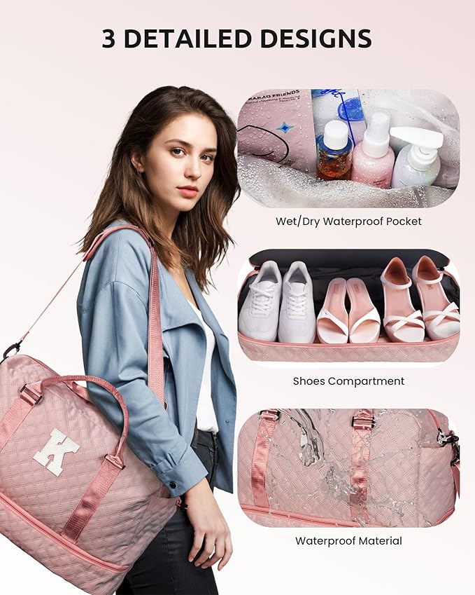Birthday Gifts-for Women-Initial Duffle Bag with Shoe Compartment, Personalized Weekender Bag, Monogram Overnight Bag, Letter Travel Bag with Makeup Bag，Friend Wife Birthday Gift (Letter C)