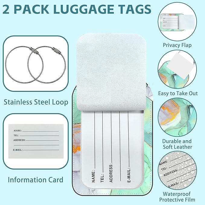 Emerald Marble Luggage Tag for Suitcase Set of 2 PU Leather Cute Luggage Tags with Stainless Metal Loop ID Label Privacy Flap Suitcase Tags for Women and Men Travel