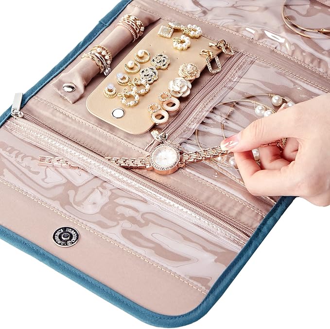 BELALIFE Travel Jewelry Case Organizer, Foldable Jewelry Storage Roll for Earrings, Necklaces, Rings, Bracelets, Brooches, Lake-Blue