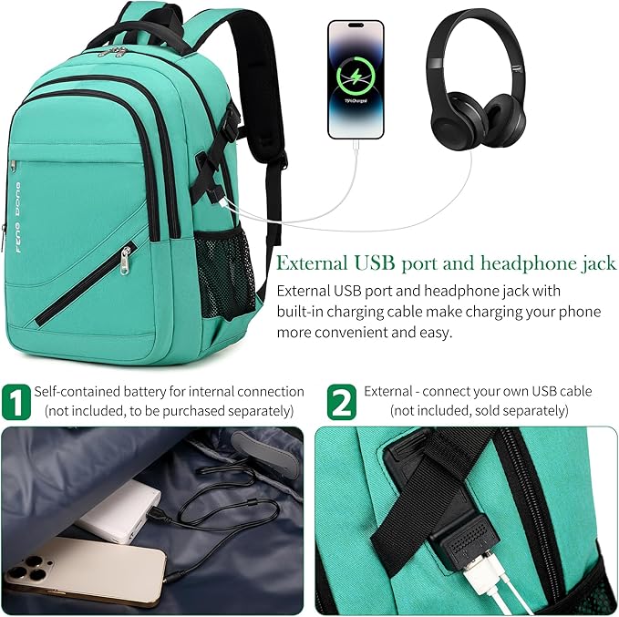 FENGDONG 17.3 inch Large Laptop Backpack Durable Waterproof Travel College Backpack Bookbag for Men & Women Business Backpack with USB Charging Port,Headset Port Light Green