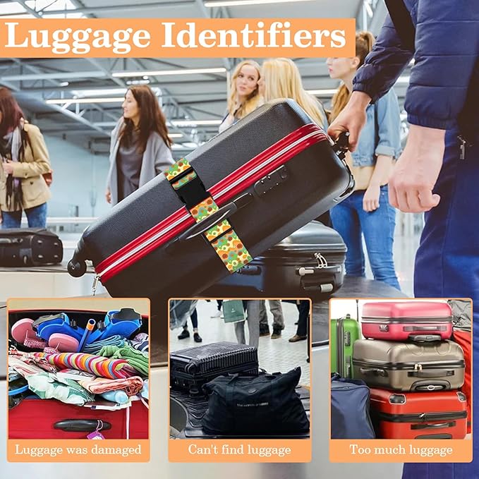 Luggage Straps for Suitcases TSA Approved, Luggage Identifiers for Suitcase, Adjustable Suitcase Strap for Baggage Security with Cute Patten, Travel Necessary Accessories (Rainbow Flower)