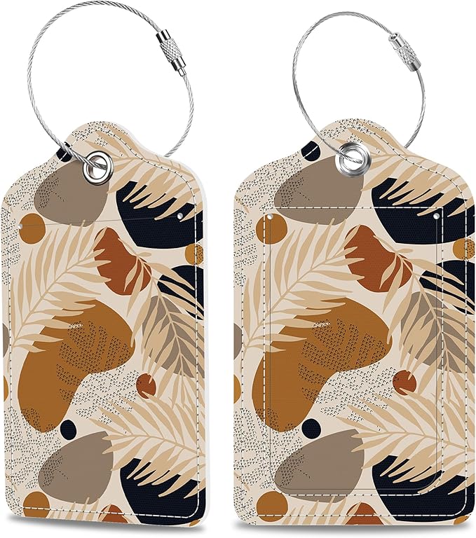 Boho Tropical Leaves Luggage Tags 2PCS PU Leather Suitcases Tag with Stainless Steel Loop and Privacy Name Address Cover Label Card for Women Men Travel