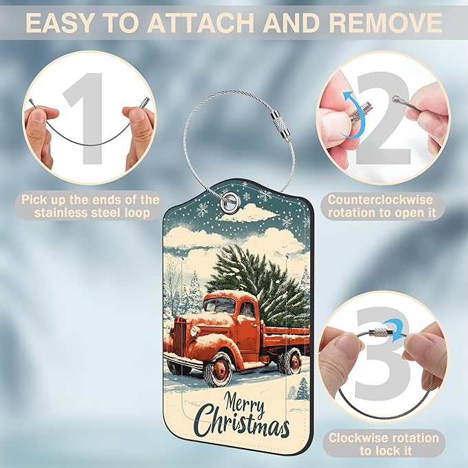 Vintage Red Truck wtih Christmas Tree Set of 2 Luggage Tags for Suitcases Leather Suitcase Tags with Privacy Name Address Label and Stainless Steel Loop for Women Men Travel Luggage Accessories
