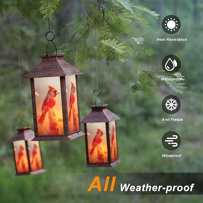 Solar Lanterns Outdoor Waterproof, Cardinal Solar Lights with LED Flickering Flameless Candle, 13'' Cardinal Gifts for Women Grandmas, Red Bird Lanterns Decor for Home Garden Patio Porch, 1 Pack