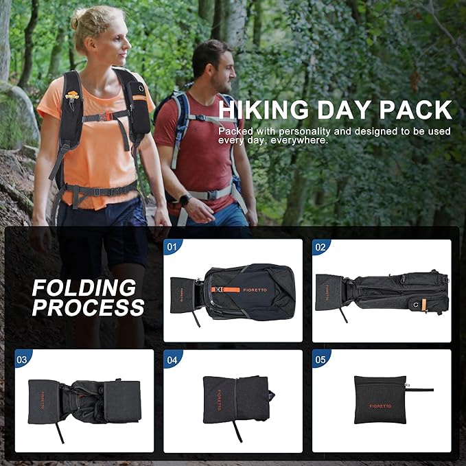 FIORETTO 20L Hiking Backpack for Women Men Mini Packable Backpack Lightweight Small Daypack for Camping Travel Outdoor, Black