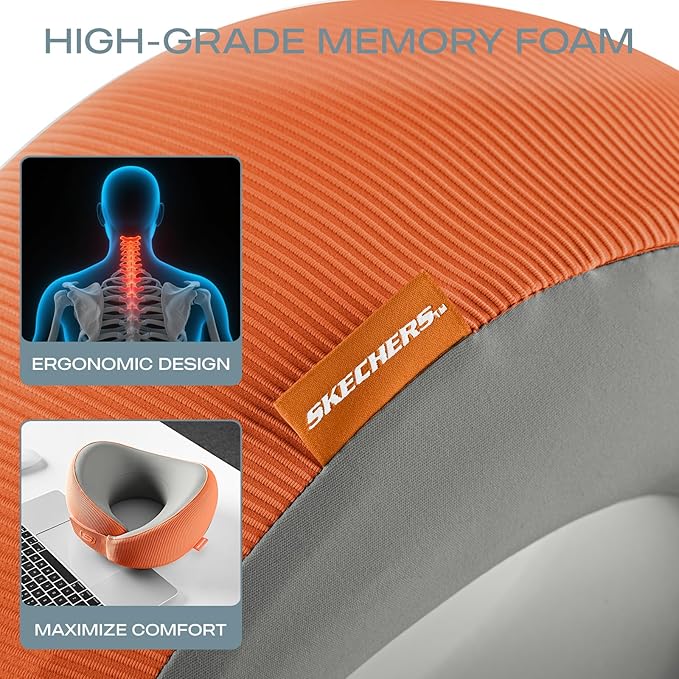 Skechers Women's Memory Foam Neck Pillow, Comfortable & Breathable Travel Pillow, Neck Pillow Airplane for Travel, Car Rides, Home, and Office Use, Ergonomic Design for Men and Women,Orange