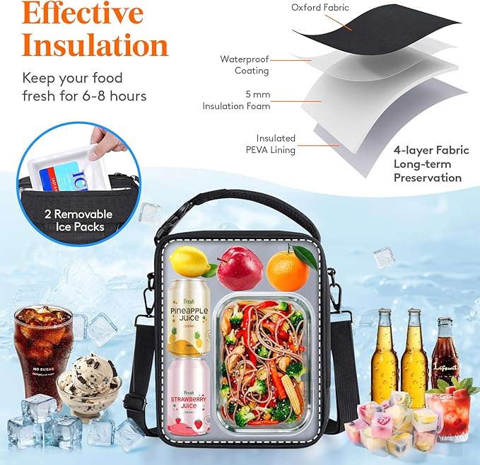 Lifewit Insulated Lunch Box for Men, Expandable Cooler Bag, Freezable Lunch Bag for Women with 2 Ice Packs and Shoulder Straps for Work Travel College, 8.2L Black