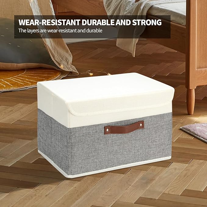8 Pack Storage Bins Foldable Storage Boxes Fabric Storage Box with Lid & Handle Large Washable Organizer Bulk for Office, Home, Books, Clothes, Bedroom, Closet, (15INx10INx10IN White/Grey)